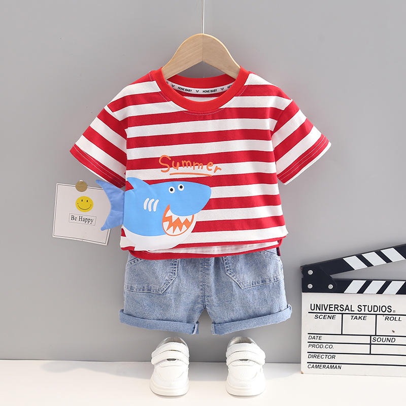 3D Shark Tail Boys Cotton T-shirt with Denim Shorts Set
