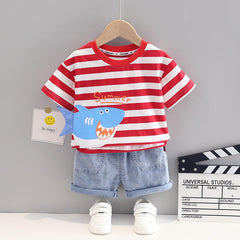 3D Shark Tail Boys Cotton T-shirt with Denim Shorts Set