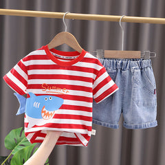 3D Shark Tail Boys Cotton T-shirt with Denim Shorts Set