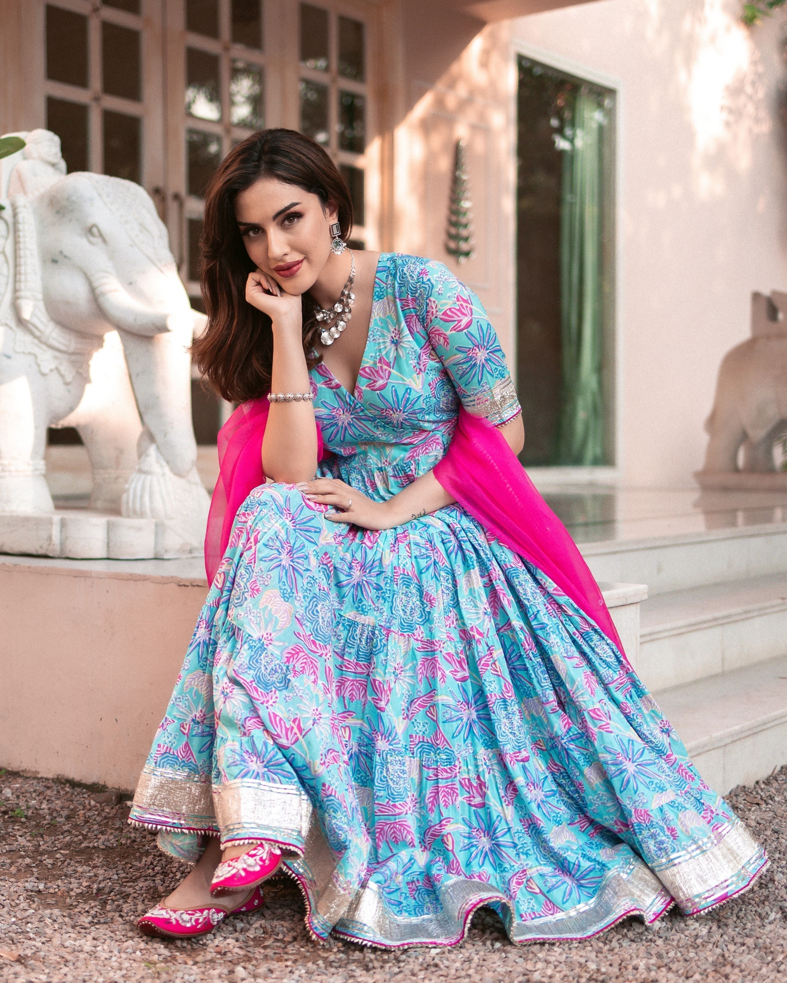 Blue Cotton Angrakha Suit Set with Gota Work and Organza Dupatta