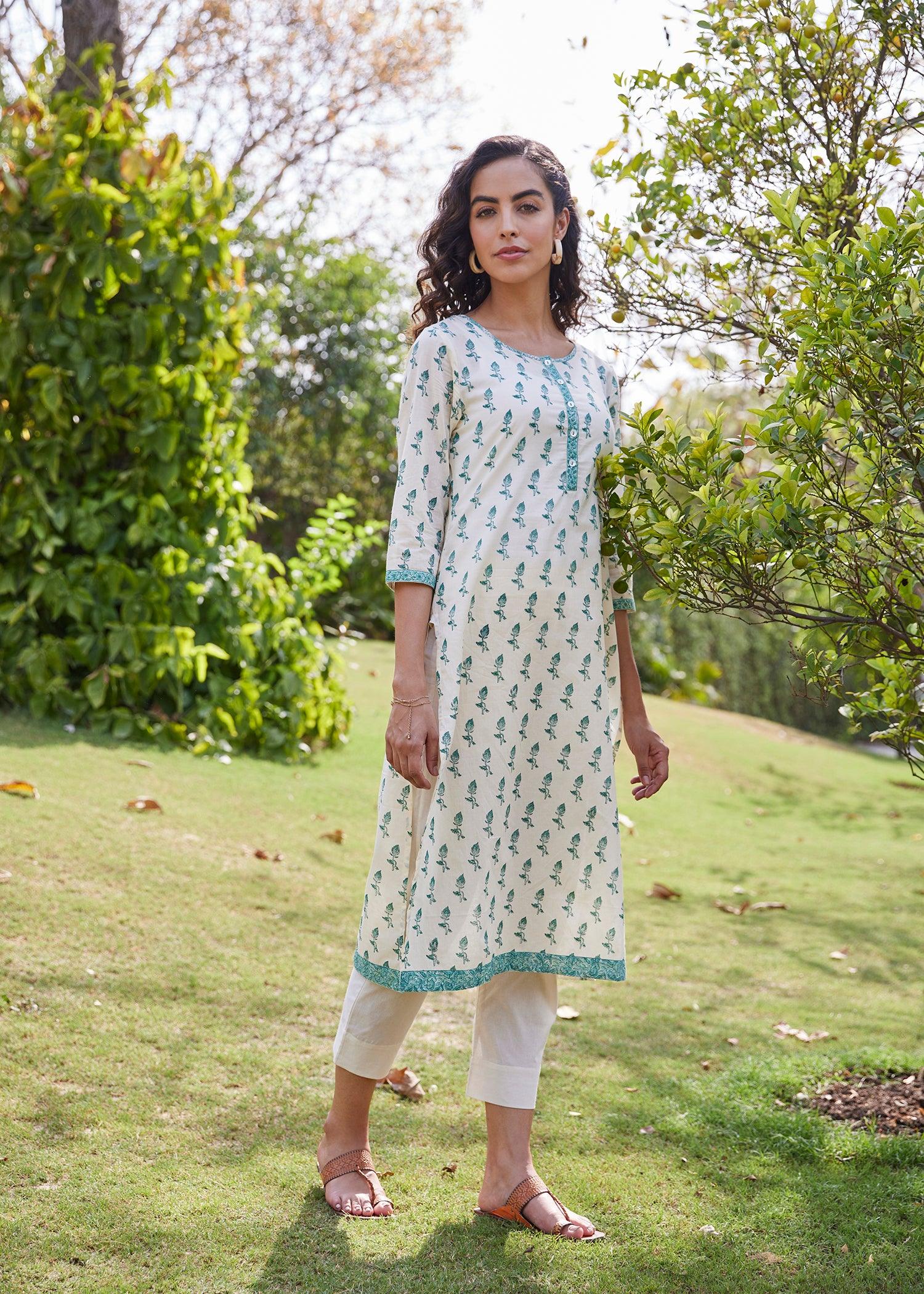 Upasana Kurta in Cream & Green with Fine Block Print