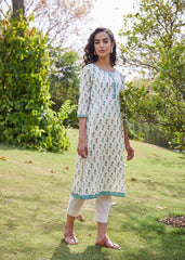 Upasana Kurta in Cream & Green with Fine Block Print