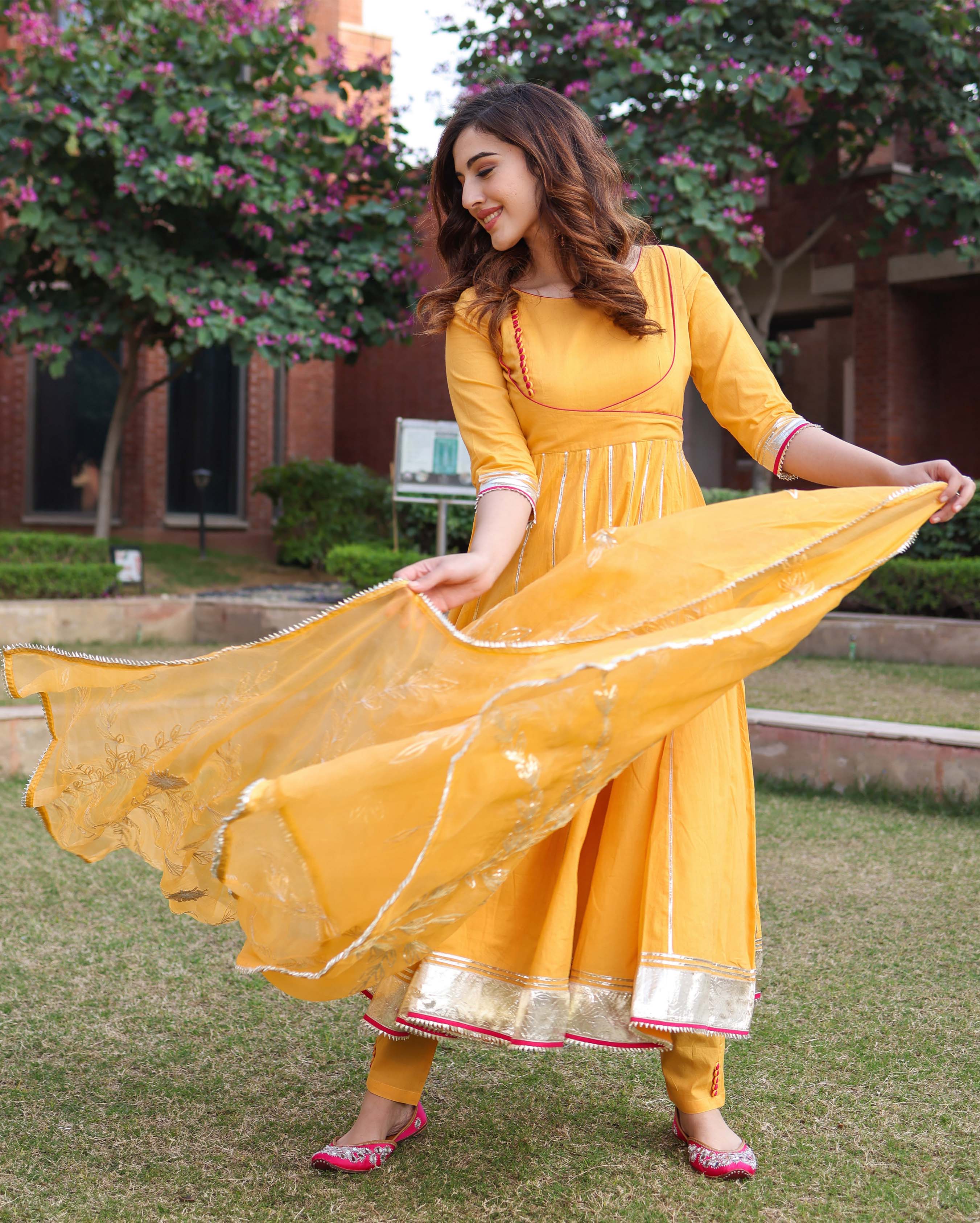 Yellow Cotton Suit Set with Gota Patti and Organza Dupatta