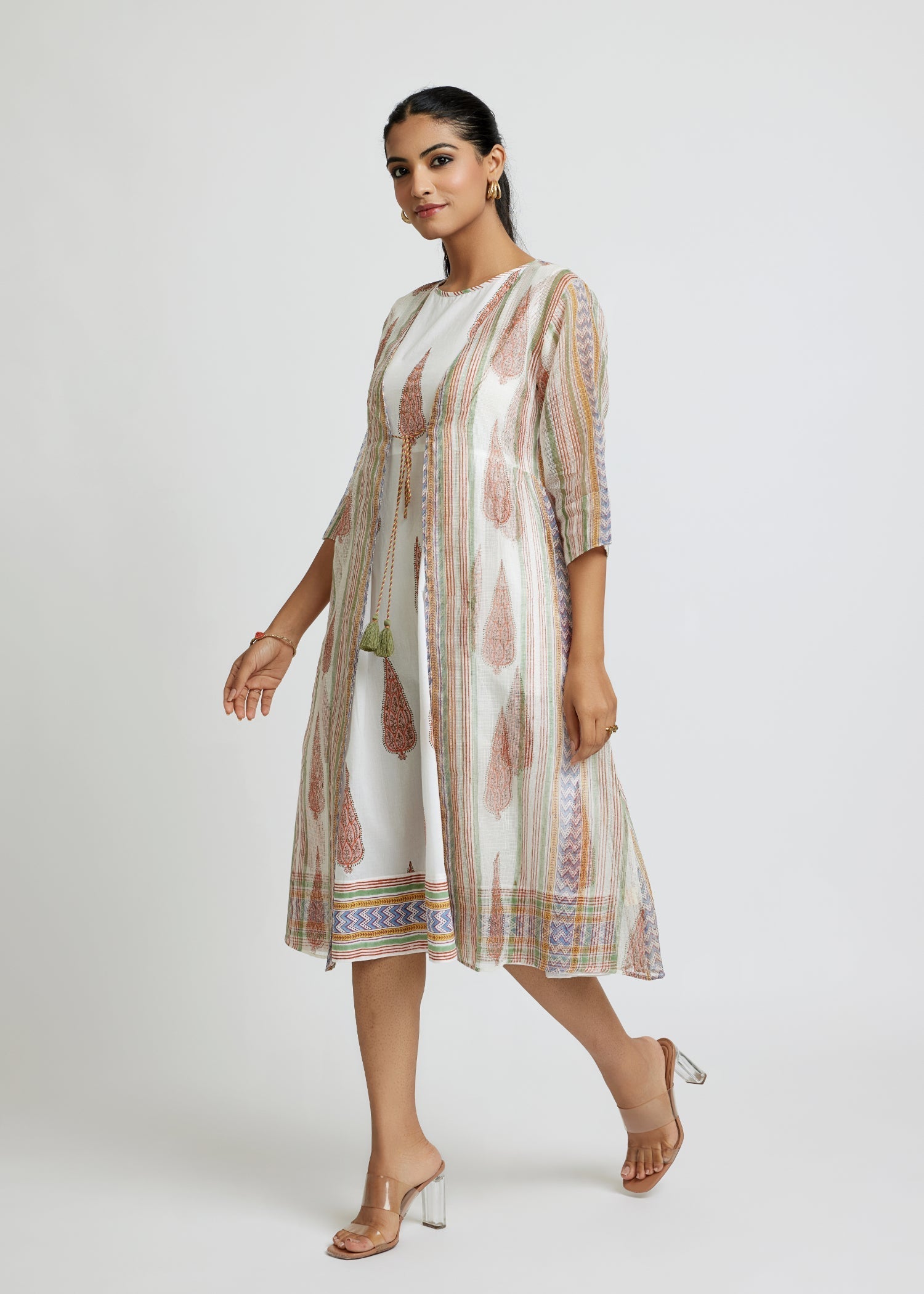 Elegant Shrug Dress with Heritage Prints and Kota Doria Overlay