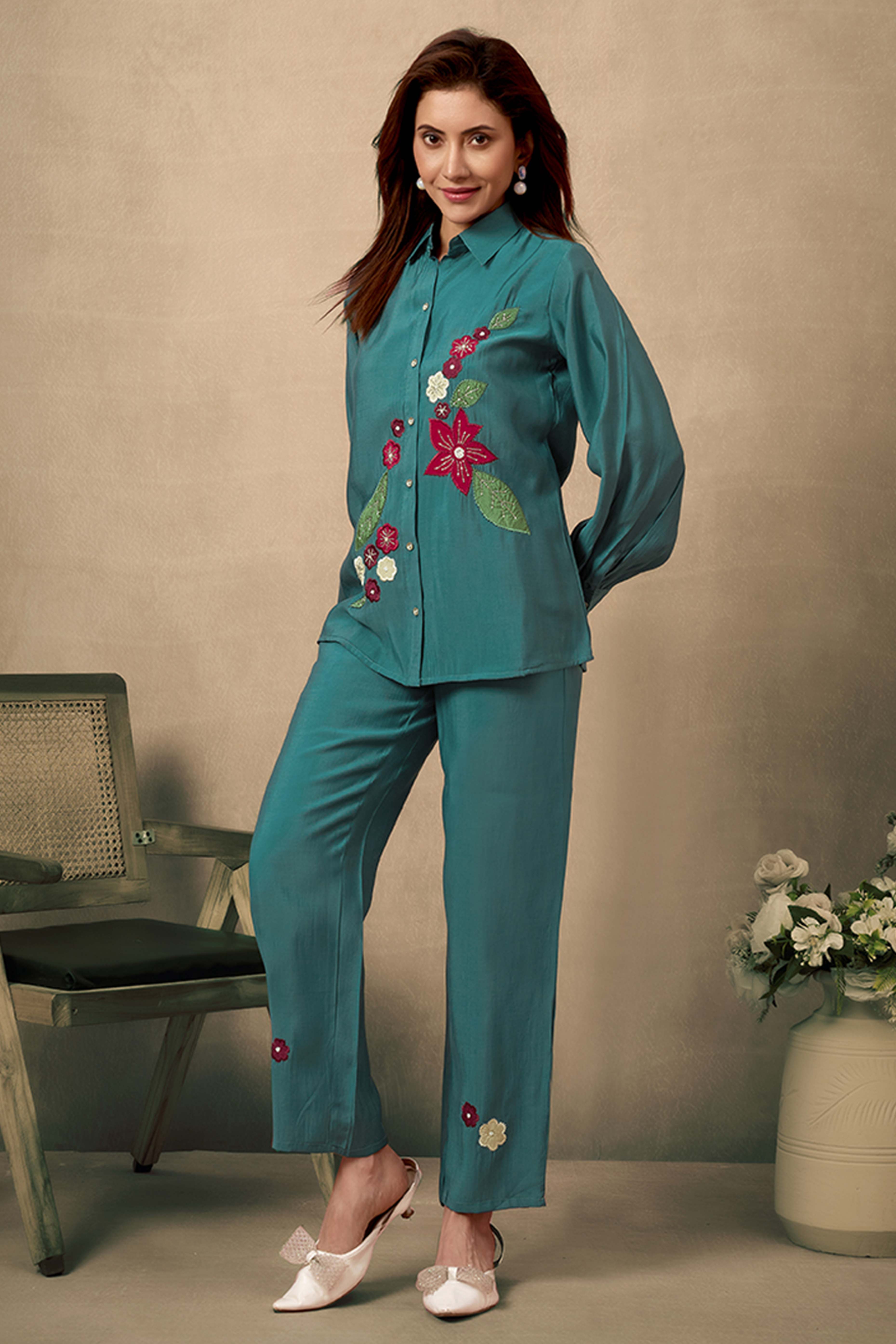 Dark Teal Chanderi Silk Co-Ord Set with Floral Patchwork & Stone Embellishments – Elegant Occasion Wear