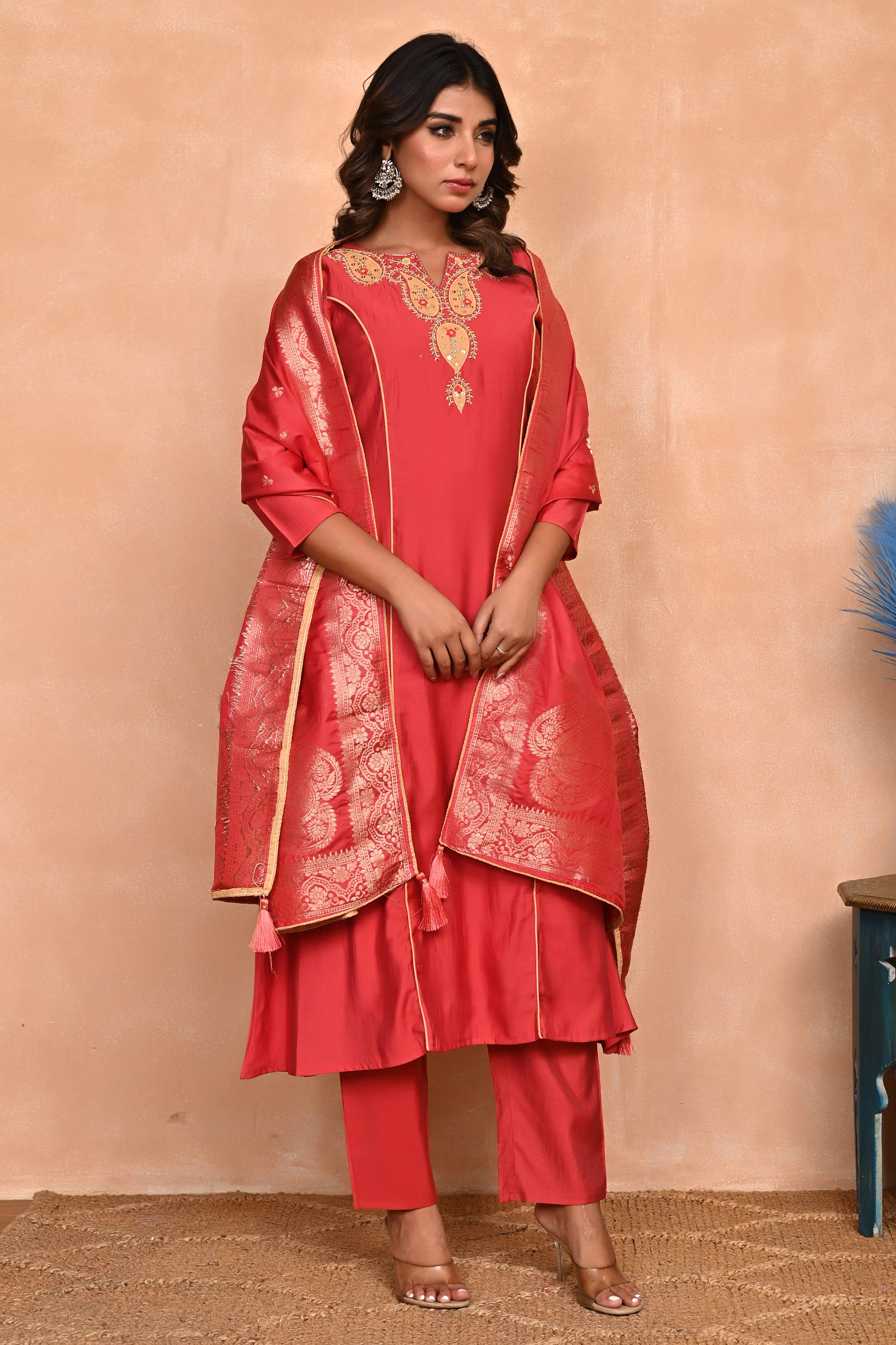 Rusty Red Embroidered A-Line Chanderi Silk Salwar Suit with Delicate Patchwork Detailing
