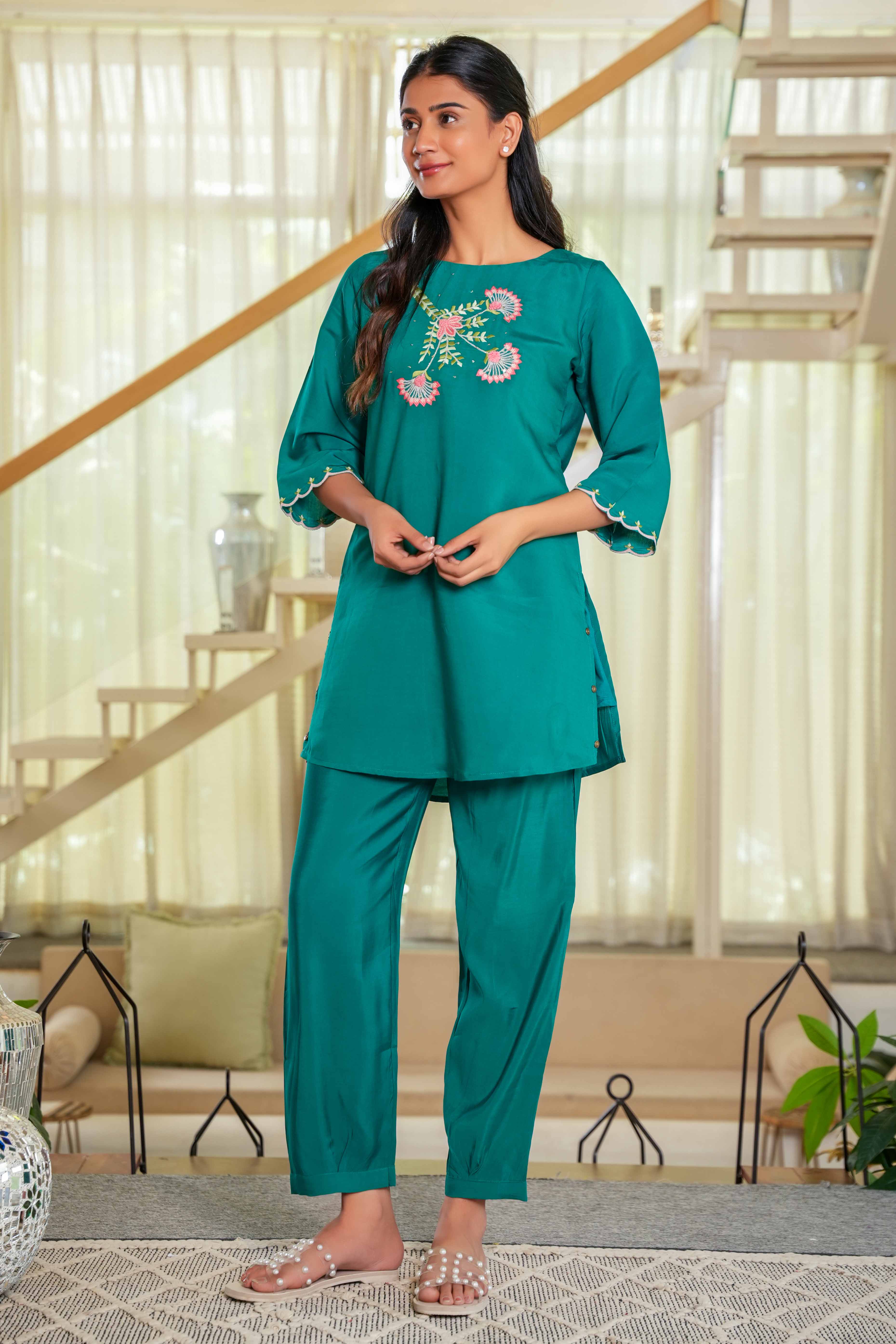 Elegant Dark Sea Green Floral Embroidered Co-Ord Set in Chinon Fabric