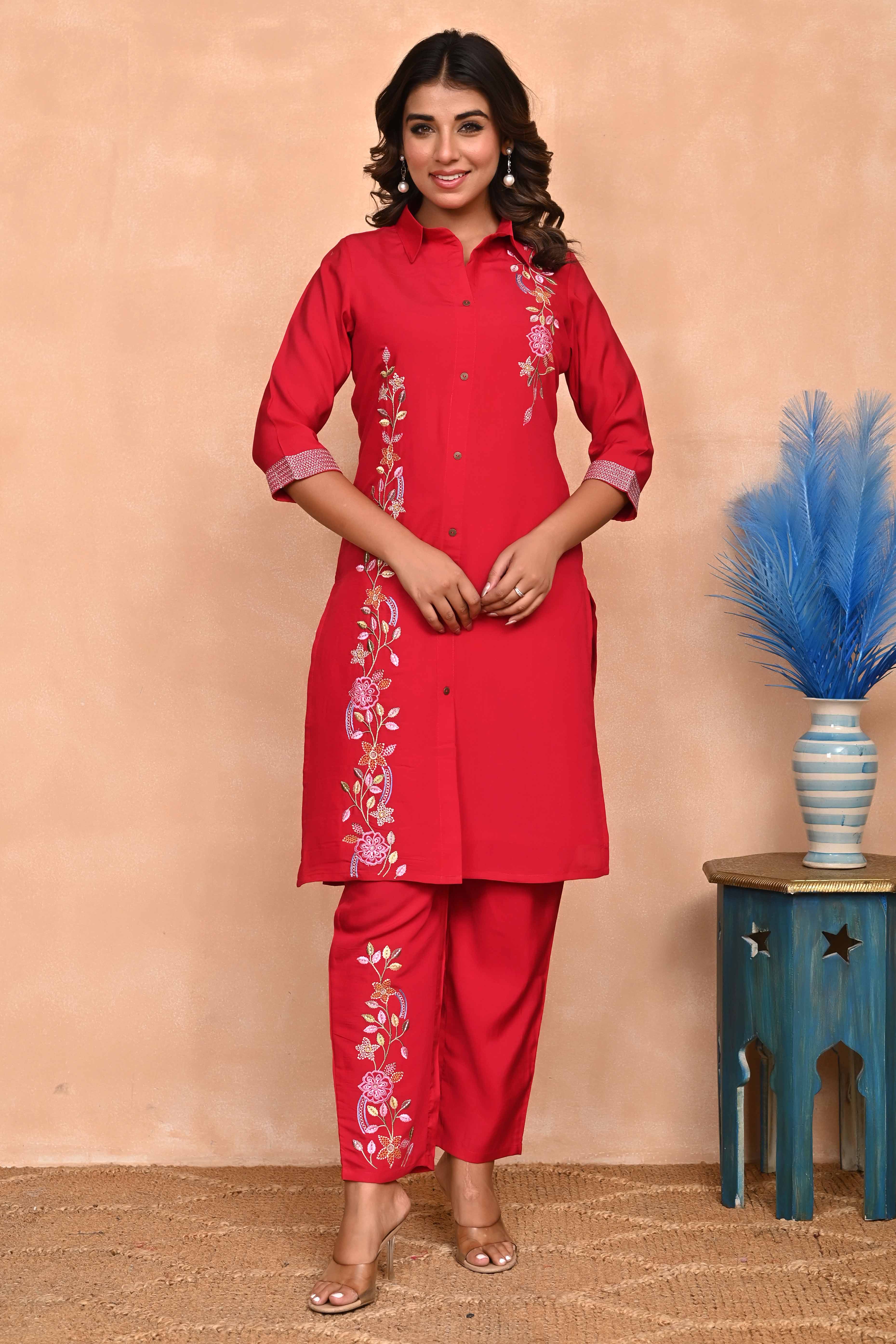 Red Floral Embroidered Chanderi Co-Ord Set – Top & Bottom