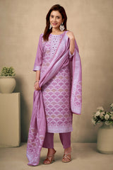 Light Purple Silk Jacquard Straight Salwar Suit with Embroidery Work