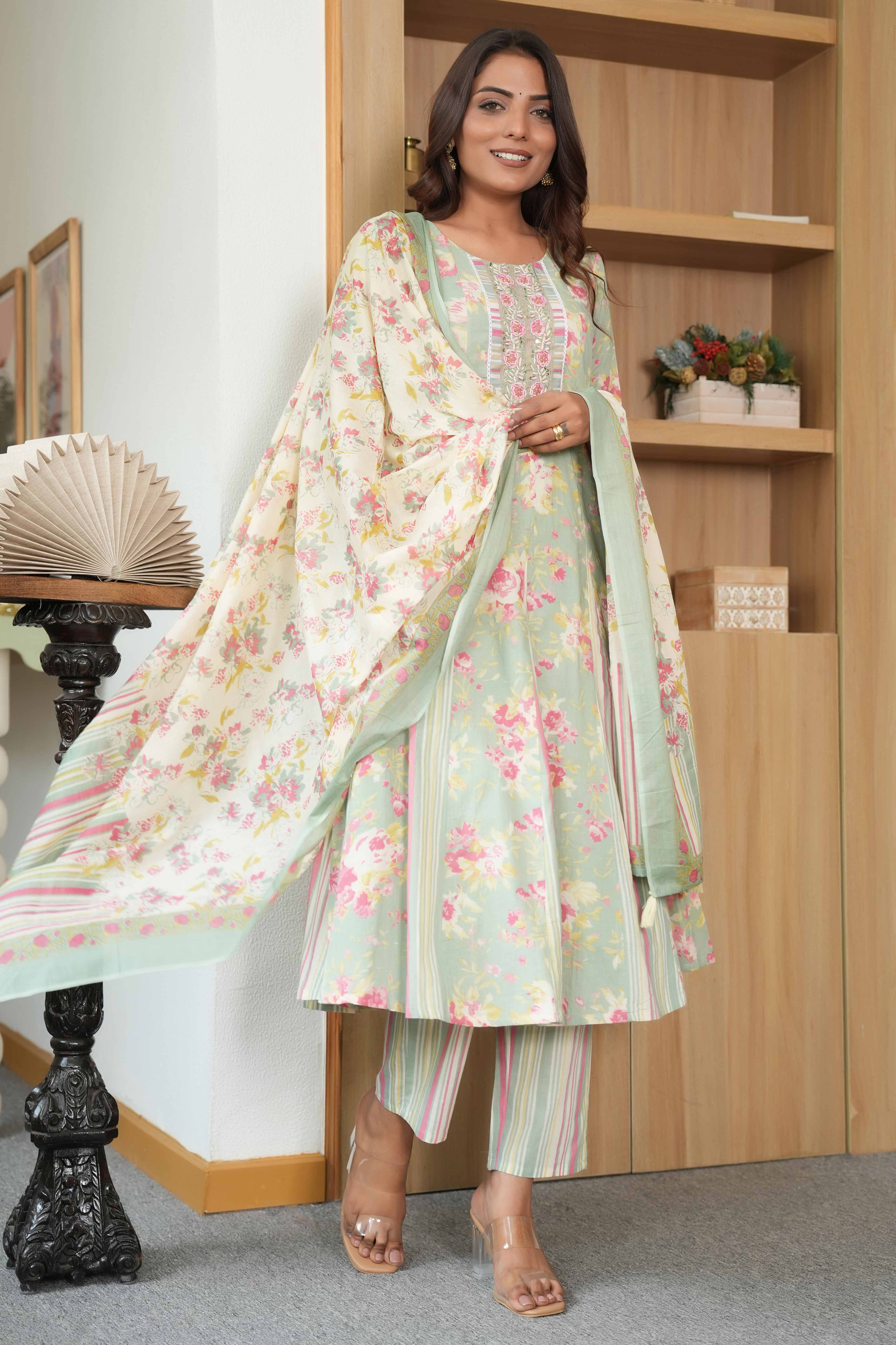 Floral Printed Pista Green Pure Cotton A-Line Salwar Suit with Intricate Handwork