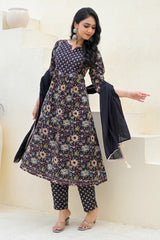 A-Line Style Black Cotton Salwar Suit with Blooming Floral Prints