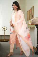 Graceful Light Orange Straight Salwar Suit with Floral Prints on Cotton Jacquard Fabric