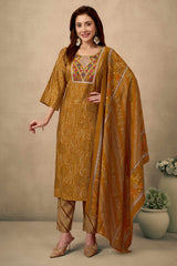 Mustard Bandhani Chanderi Silk Salwar Suit With Embroidered Neckline