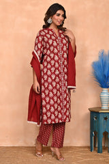 Maroon Floral Printed Salwar Suit in Pure Cotton with Modern Front Slit Styling