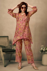 Dark Mauve Cotton Co-Ord Set with Mirror Work & Floral Prints – Elegant & Comfortable