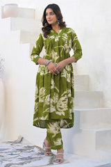 Green Floral Printed Rayon Co-Ord Set with Embroidered Neckline – Comfortable & Stylish