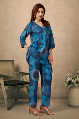Teal Floral Print Muslin Suit with Sequins Detail – Top & Bottom