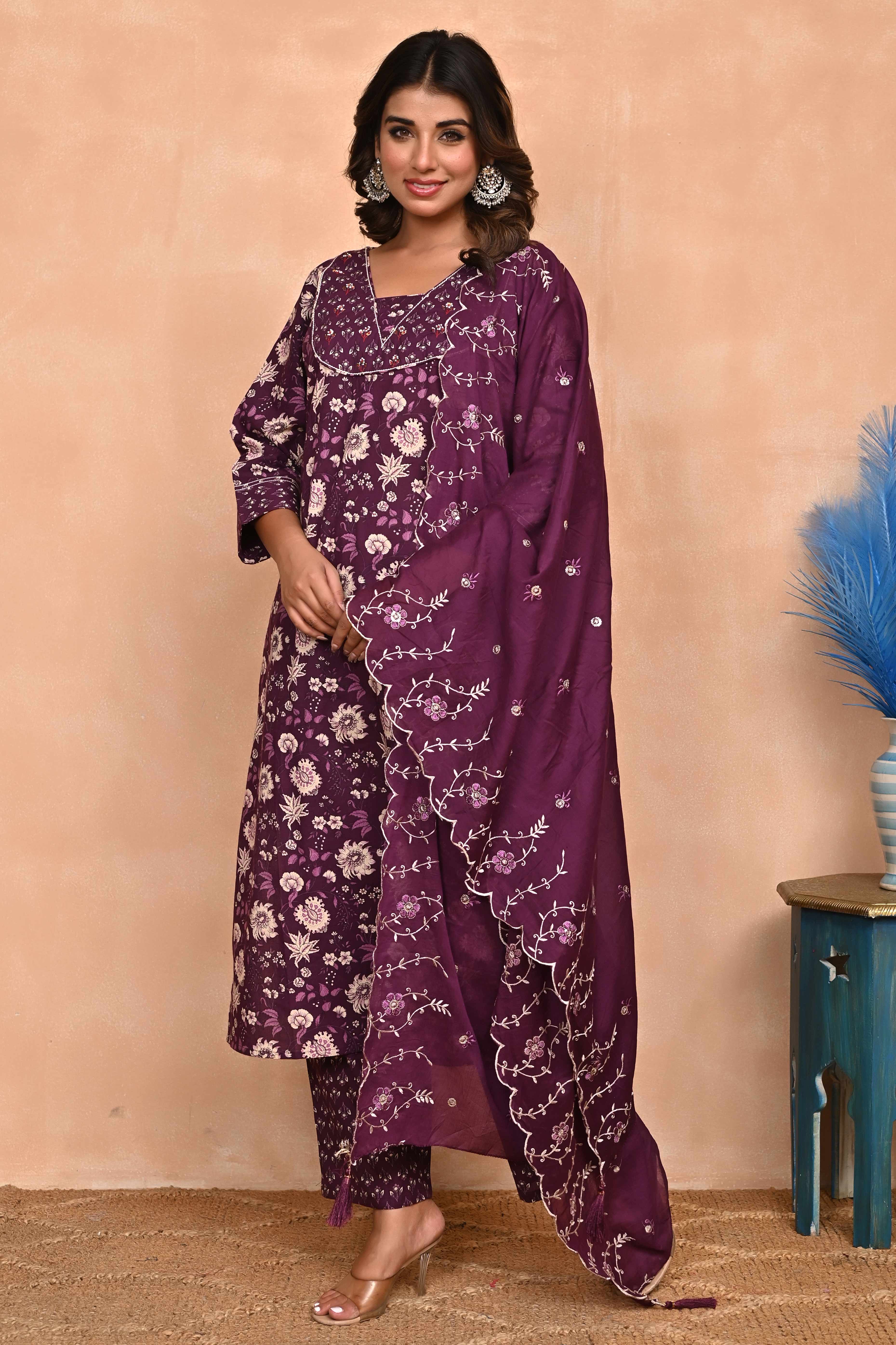 Elegant Wine Floral Printed Salwar Suit With Intricate Sequin Embellishment On Pure Cotton