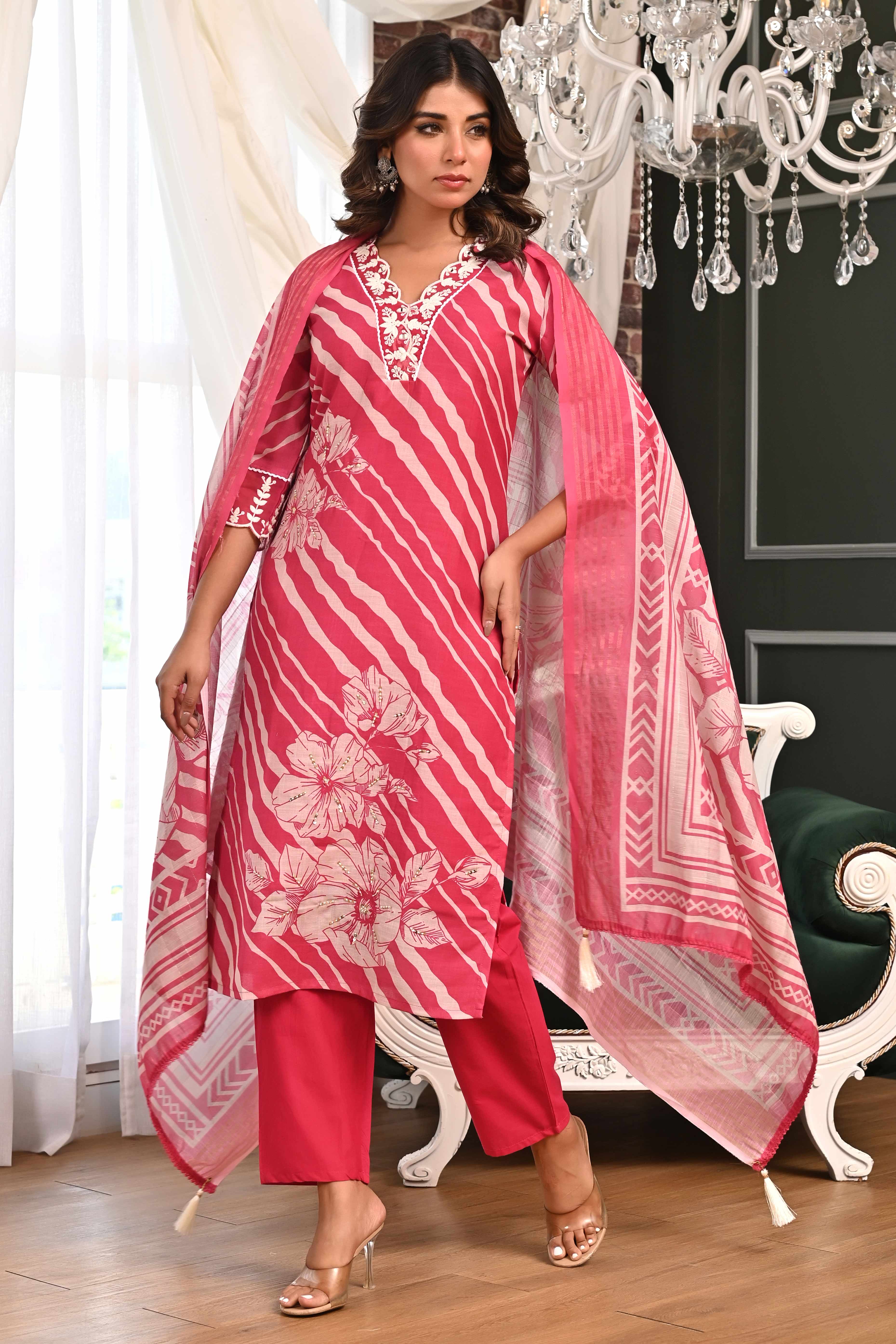 Pink Straight Salwar Suit in Pure Linen with Understated Stripes for a Chic Vibe