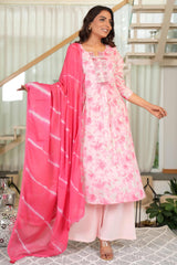 Feminine A-Line Salwar Suit in Soft Pink Pure Cotton with Delicate Floral Prints and Embroidery Highlights