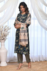 Dark Teal Blue Rayon Salwar Suit With Blooming Floral Print & Elegant Mirror Thread Work