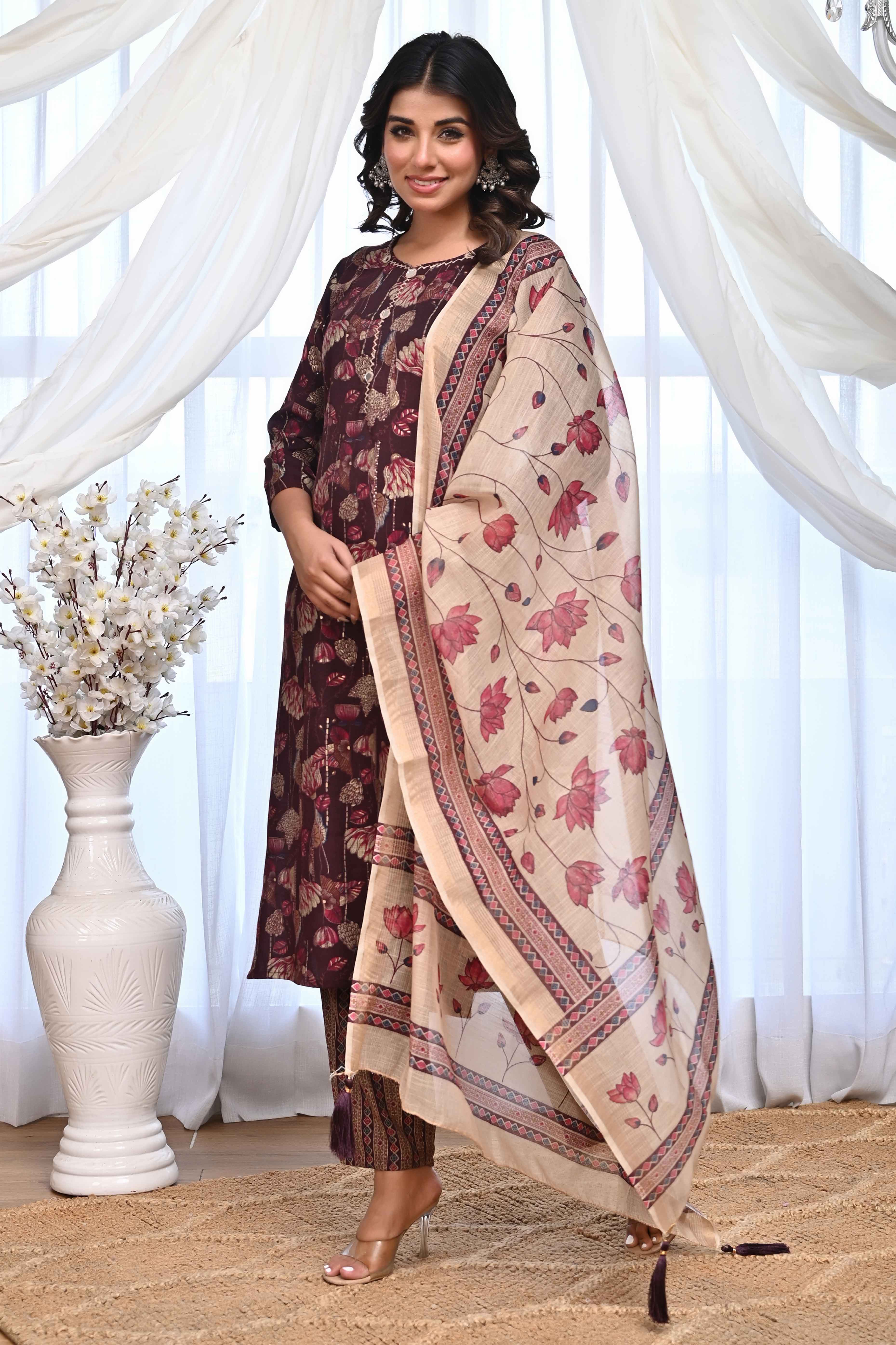 Elegant Wine Rayon Salwar Suit With Floral Prints & Mirror Thread Embellishments