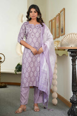 Lavender Printed Rayon Salwar Suit Set with Embroidered Details and Cotton Dupatta