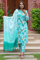 Turquoise Cotton Salwar Suit With Floral Print & Straight Fit
