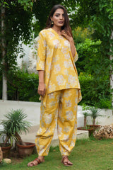 Yellow Pure Cotton Co-Ord Set with Floral Handwork – Elegant Festive Wear