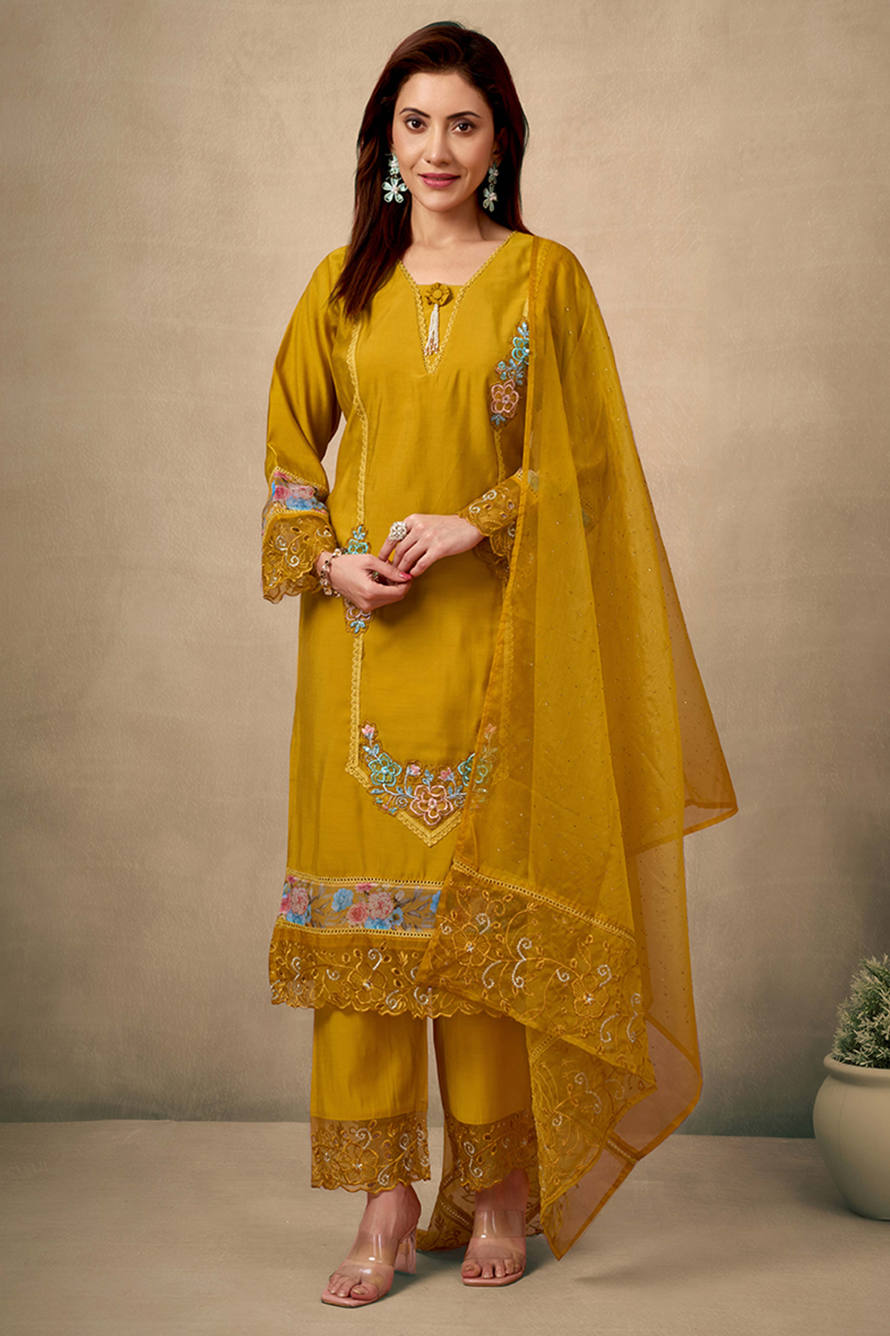 Mustard Floral Patch Work Embroidered Chanderi Straight Salwar Suit