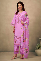 Pink Floral Embroidered Straight Salwar Suit Made of Chanderi Silk.