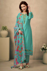 Green Floral Embroidered Straight Salwar Suit Made of Chanderi Silk.