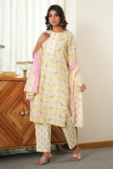 White & Green Floral Printed Pure Cotton Straight Salwar Suit for Every Occasion
