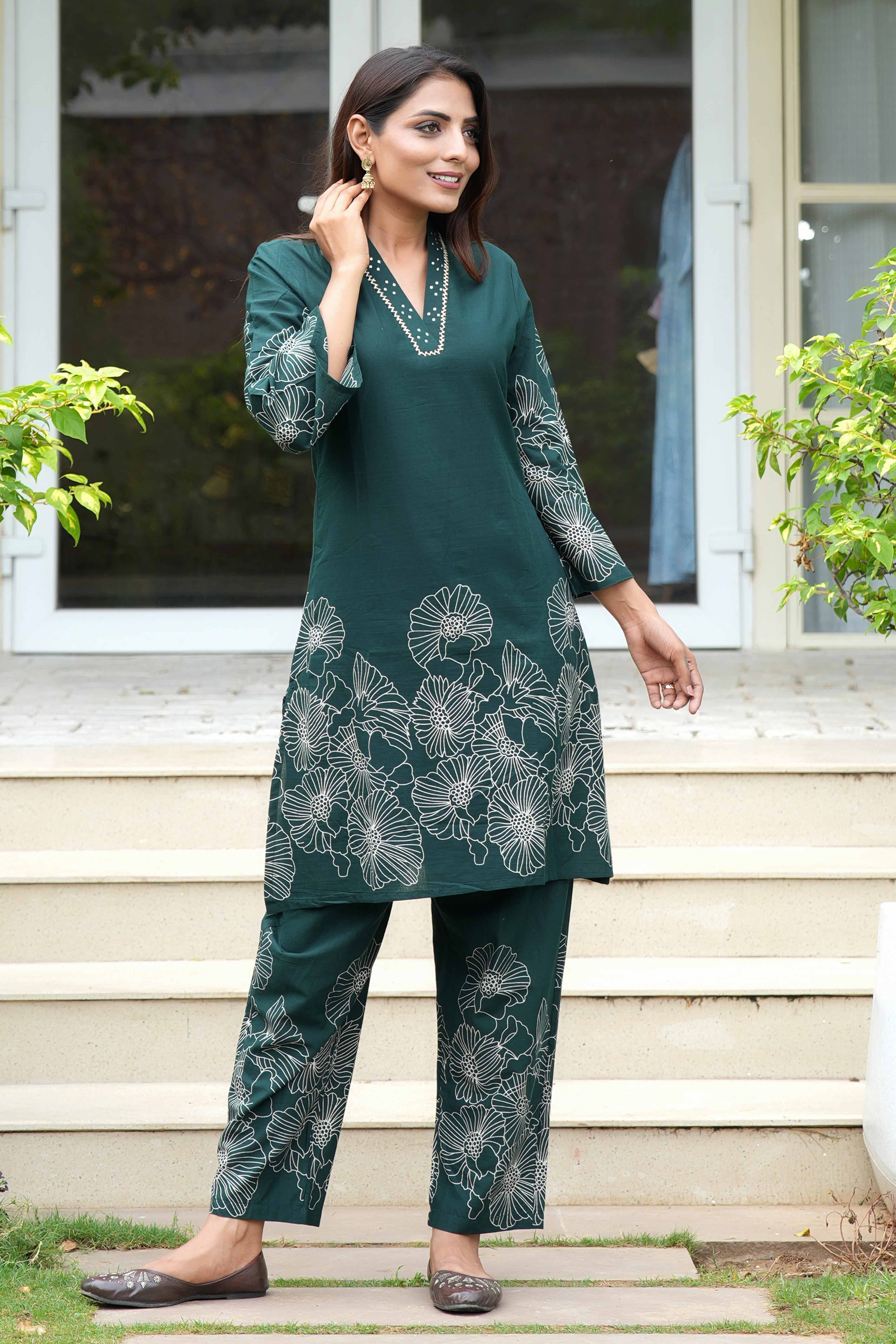 Bottle Green Floral Embroidered Co-Ord Set – Top & Bottom