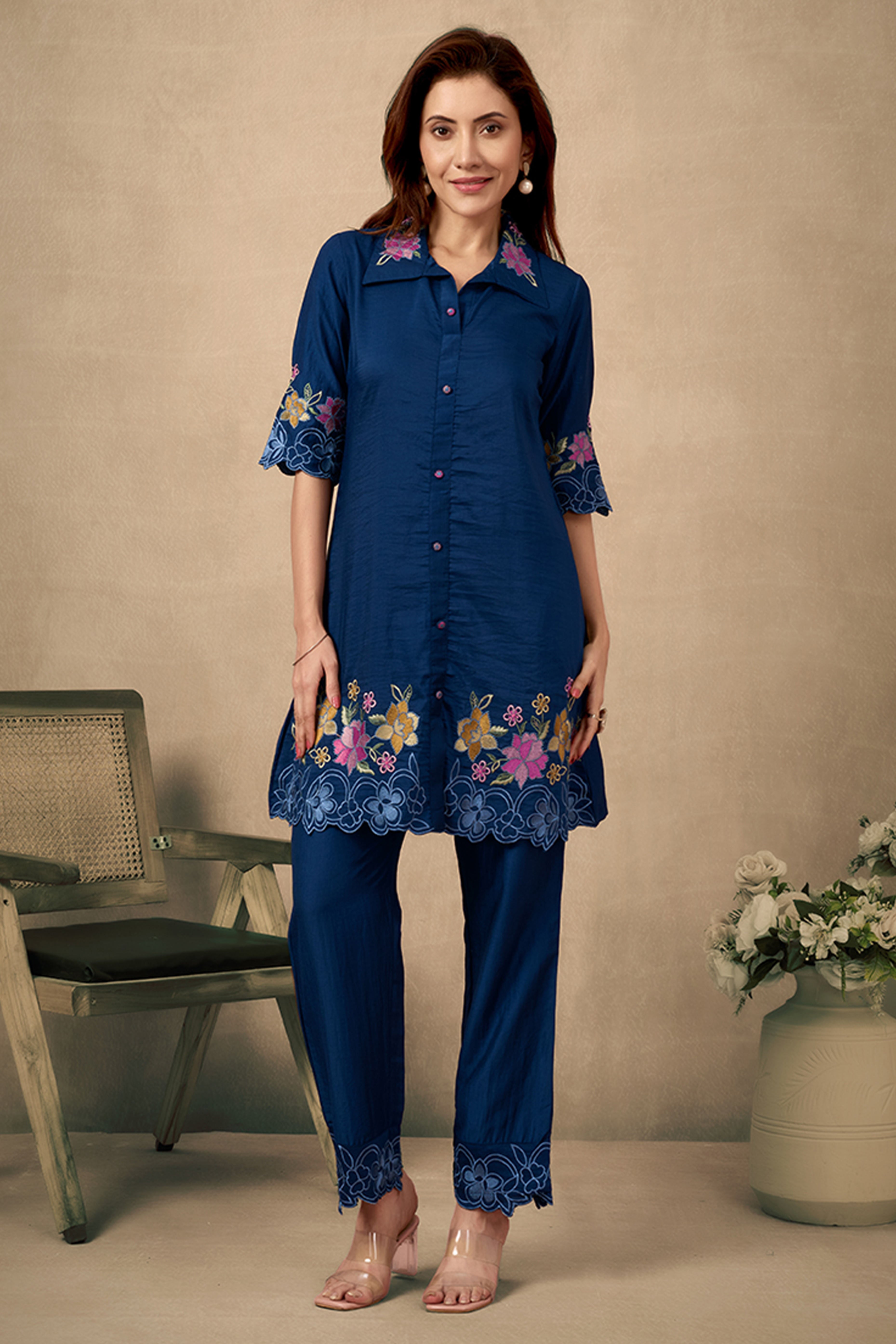 Navy Blue Floral Embroidered Chinon Co-Ord Set – Elegant & Comfortable Occasion Wear