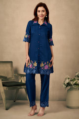 Navy Blue Floral Embroidered Chinon Co-Ord Set – Elegant & Comfortable Occasion Wear