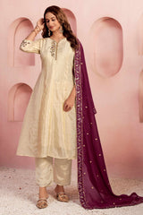 Embroidered Off White Salwar Suit in Pure Viscose with Shimmering Beads Highlights