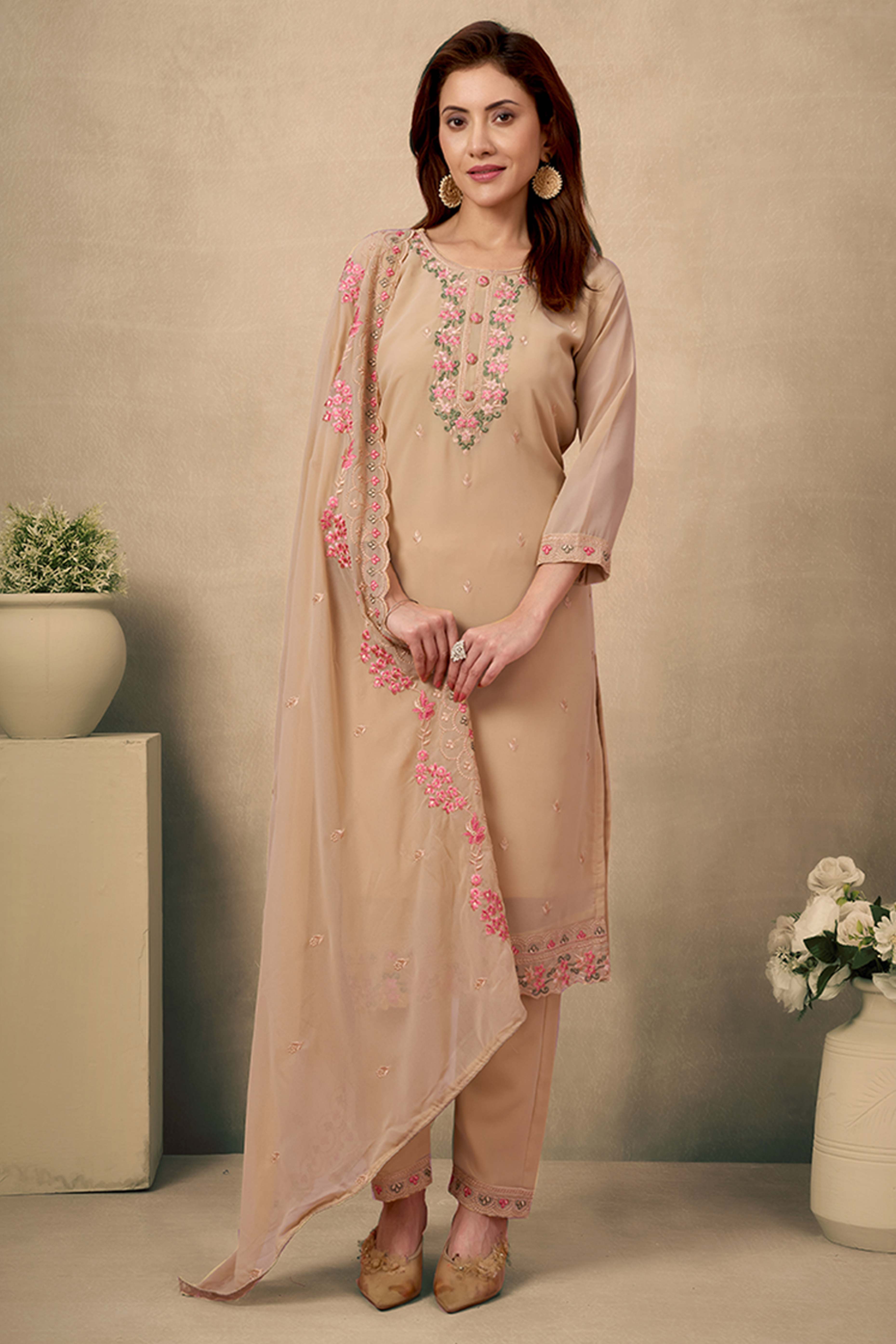 Chikoo Embroidered Straight Salwar Suit in Heavy Viscose Georgette