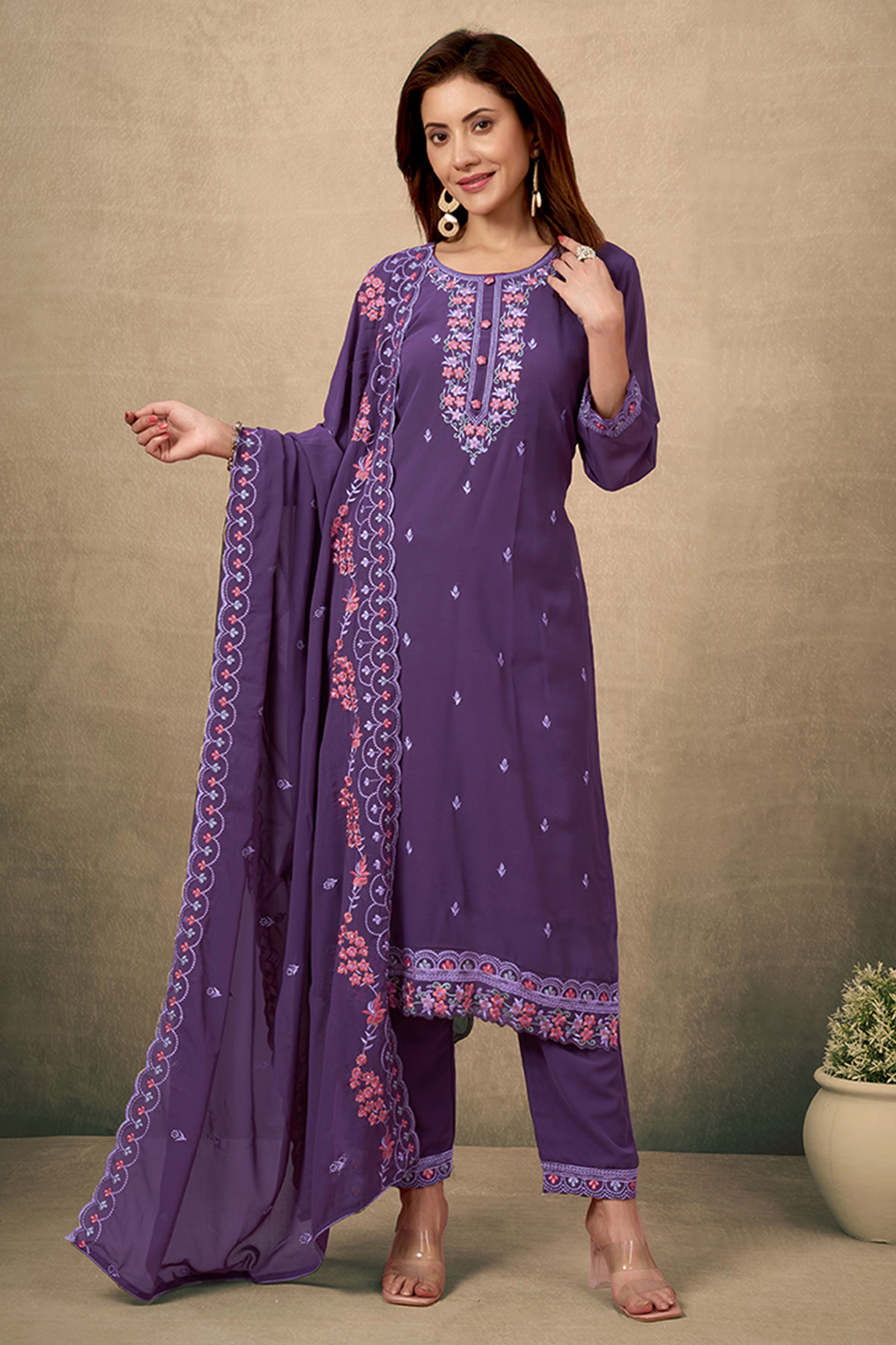 Wine Embroidered Straight Salwar Suit in Heavy Viscose Georgette