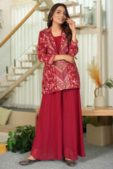 Maroon Embroidered Chanderi Silk Co-Ord Set with Georgette Bottom – Festive & Elegant Ensemble