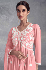 Peach Rayon Salwar Suit Featuring Beautiful Floral Embroidery