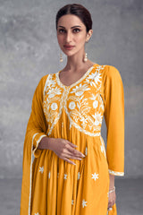 Mustard Rayon Salwar Suit Featuring Beautiful Floral Embroidery
