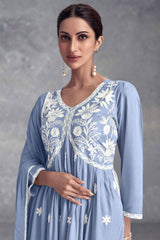 Sky Blue Rayon Salwar Suit Featuring Beautiful Floral Embroidery