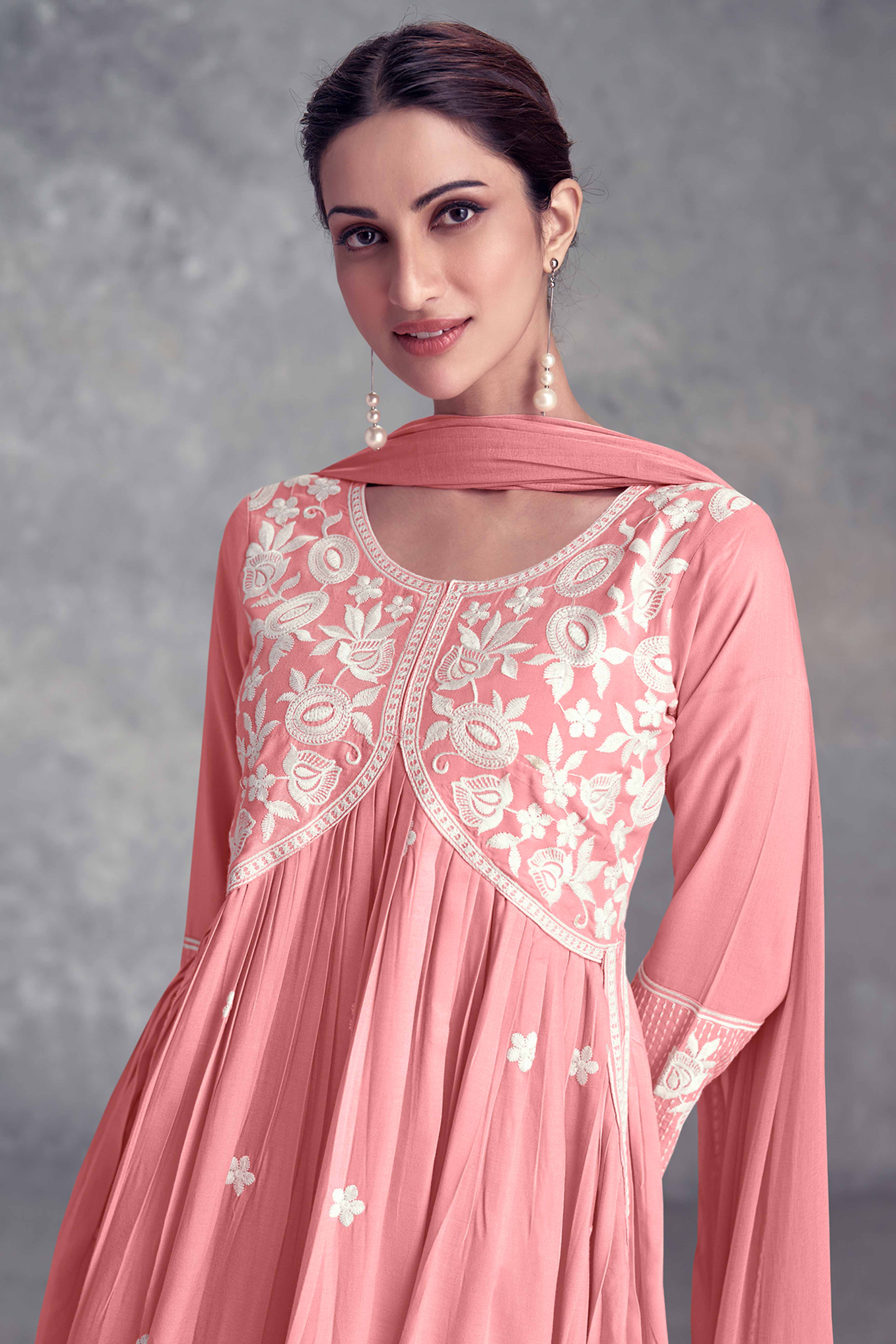 Floral Embroidered Peach Rayon A-Line Salwar Suit