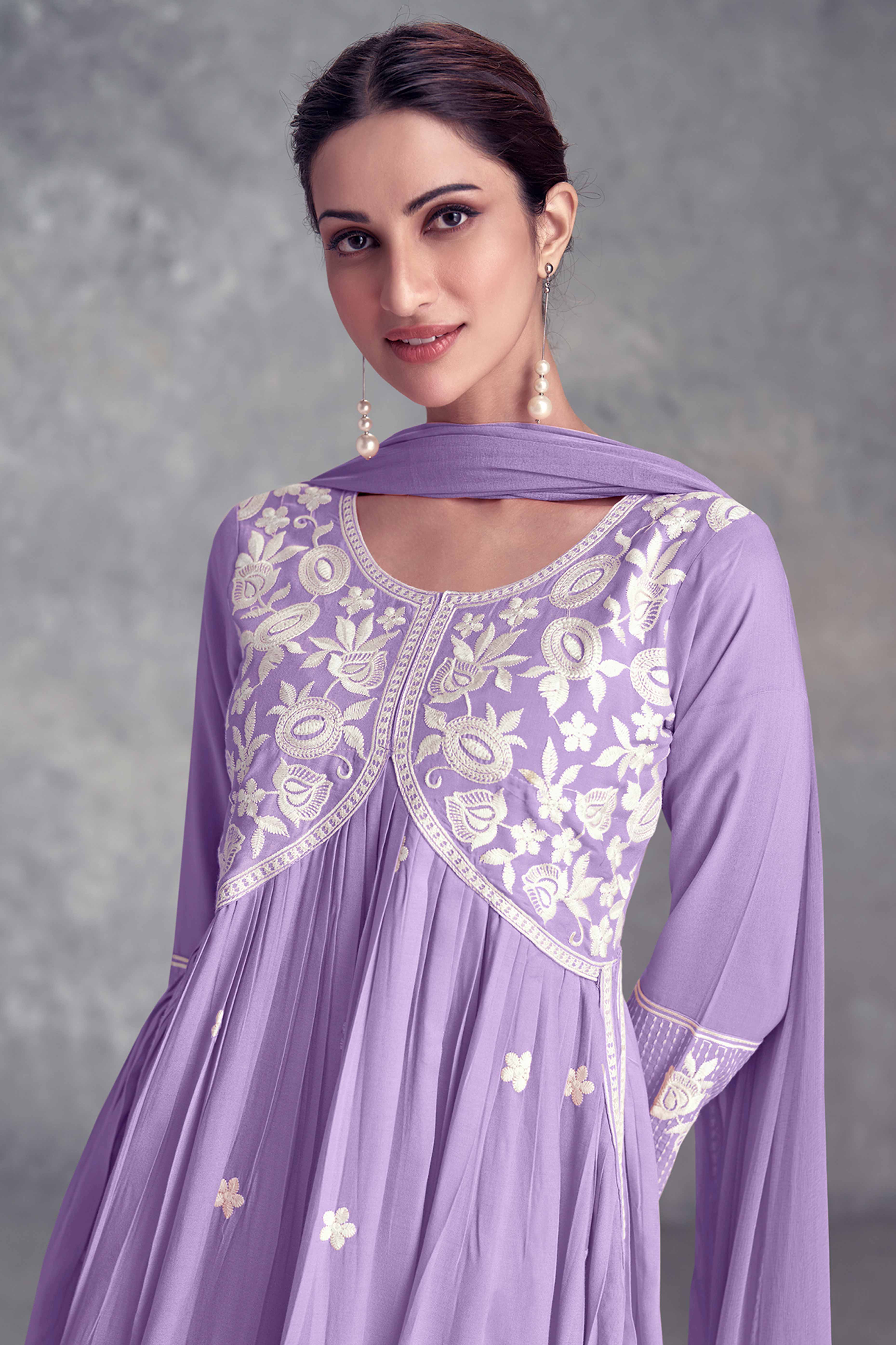 Floral Embroidered Lavender Rayon A-Line Salwar Suit