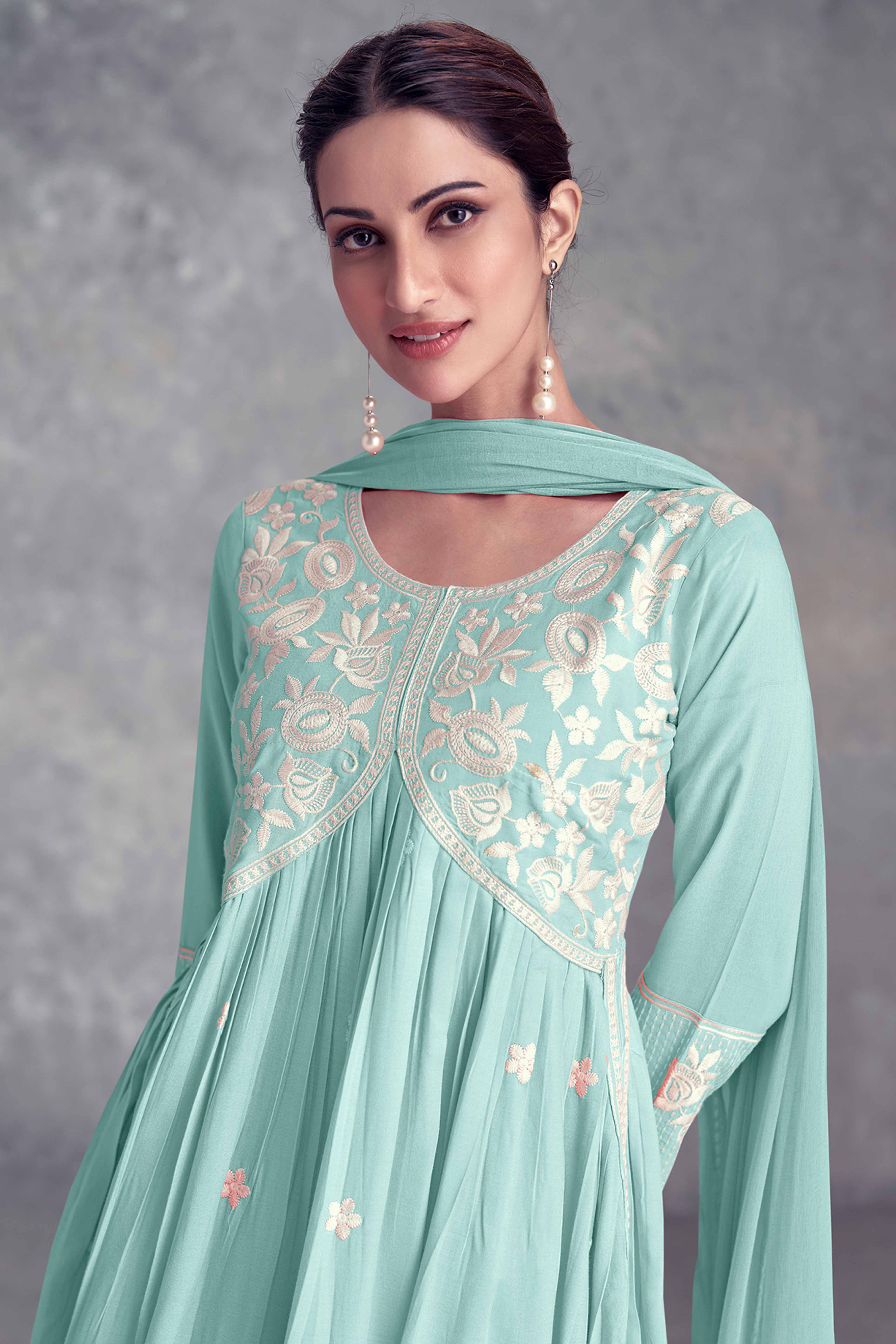 Floral Embroidered Mint Green Rayon A-Line Salwar Suit