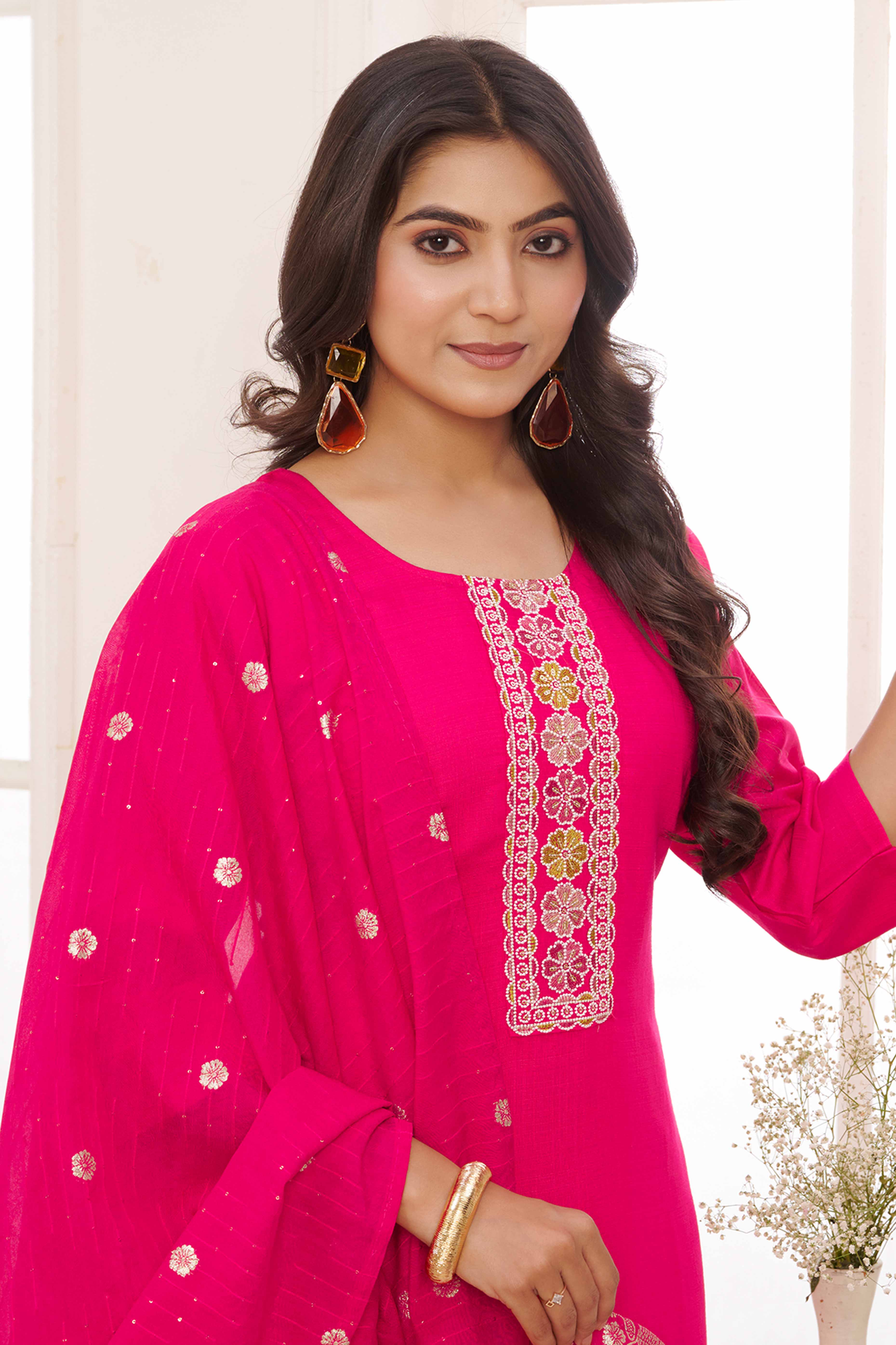 Pink Floral Embroidered Straight Salwar Suit in Viscose Vertican Silk