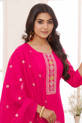 Pink Floral Embroidered Straight Salwar Suit in Viscose Vertican Silk