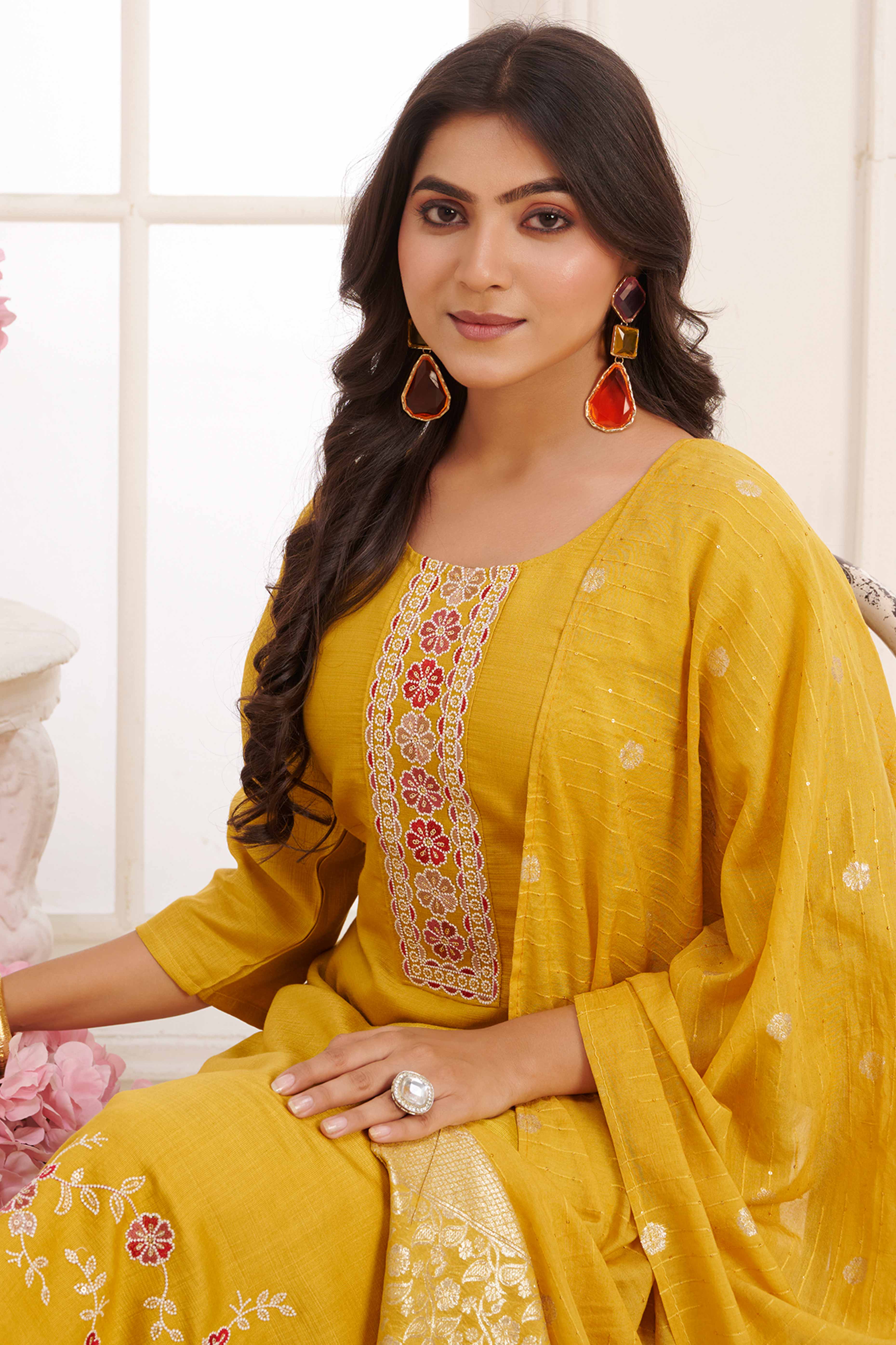 Mustard Floral Embroidered Straight Salwar Suit in Viscose Vertican Silk