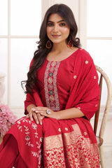 Crimson Red Floral Embroidered Straight Salwar Suit in Viscose Vertican Silk